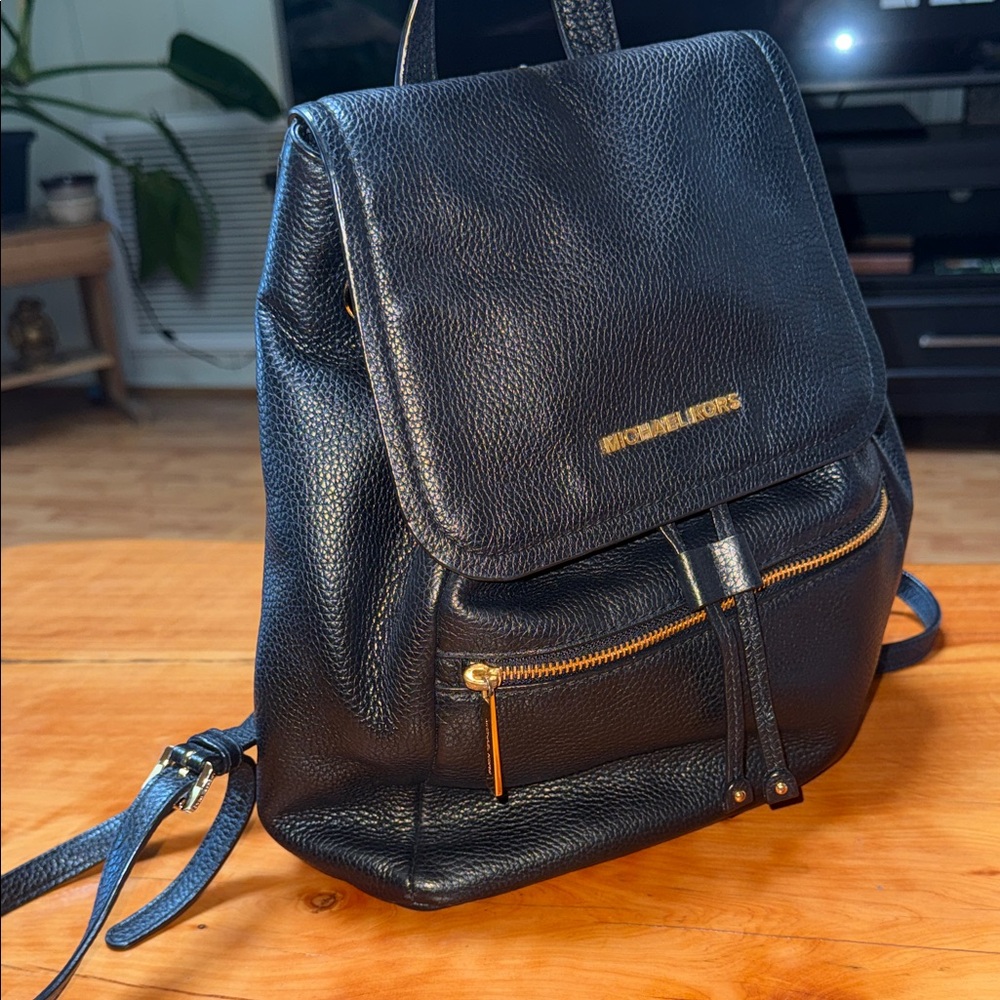 Michael Kors Black Leather Backpack with Gold Zipper